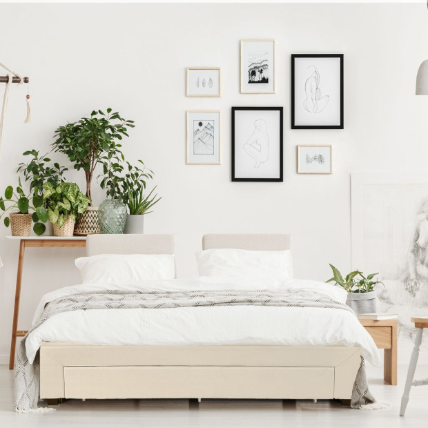 Decor Bed Base with Drawers Upholstered Fabric Wood Cream - Double - Cream Image 4