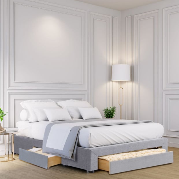 Bed Base with Drawers Upholstered Fabric Wood Grey - Double - Grey