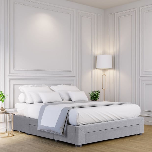 Bed Base with Drawers Upholstered Fabric Wood Grey - Double - Grey Image 3