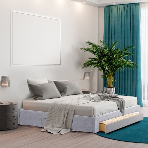Bed Base with Drawers Upholstered Fabric Wood Grey - Double - Grey Image 4