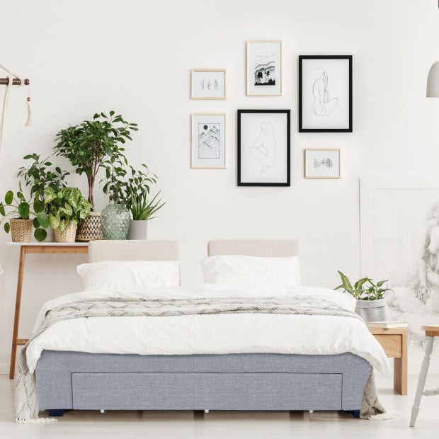 Bed Base with Drawers Upholstered Fabric Wood Grey - Double - Grey Image 5