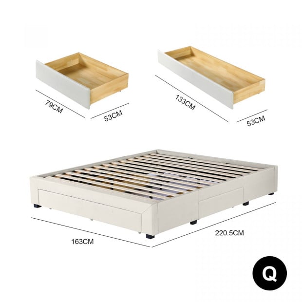 Bed Base with Drawers Upholstered Fabric Wood Cream - Queen - Cream Image 2