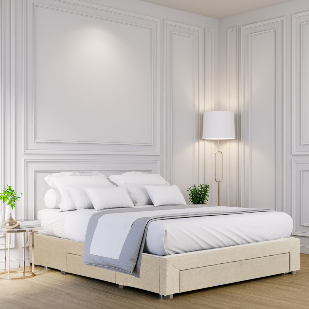 Bed Base with Drawers Upholstered Fabric Wood Cream - Queen - Cream Image 3