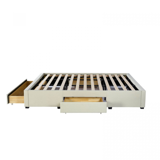 Bed Base with Drawers Upholstered Fabric Wood Cream - Queen - Cream Image 6