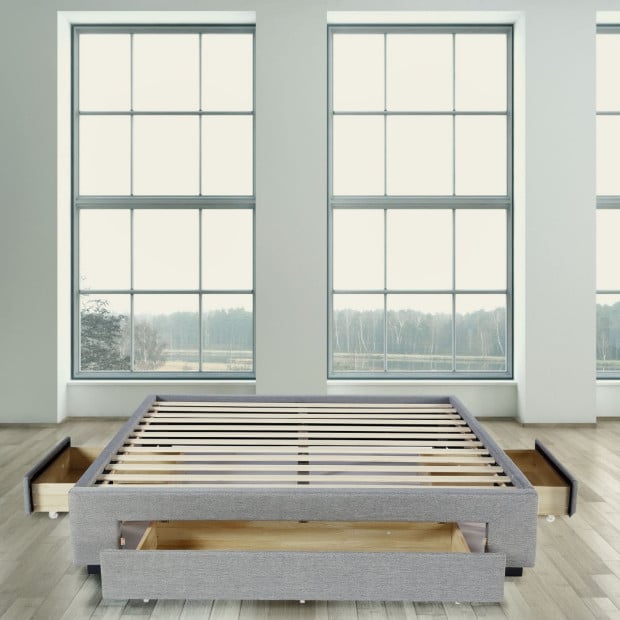 Bed Base with Drawers Upholstered Fabric Wood Grey - King - Grey Image 6