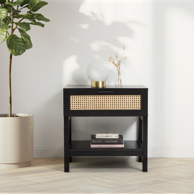 Tulum Rattan Bedside Table Drawers Table Nightstand Cabinet Black Image 2
