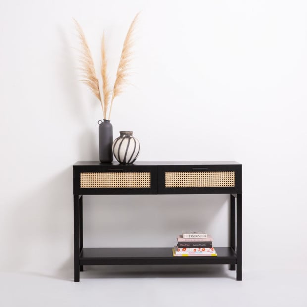 Tulum Rattan Console Table Entry Table Storage Hallway Wood Black Image 3
