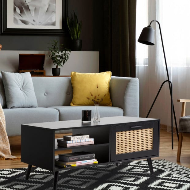 Tulum Rattan Coffee Table Storage Drawer Furniture Wooden Black Image 3