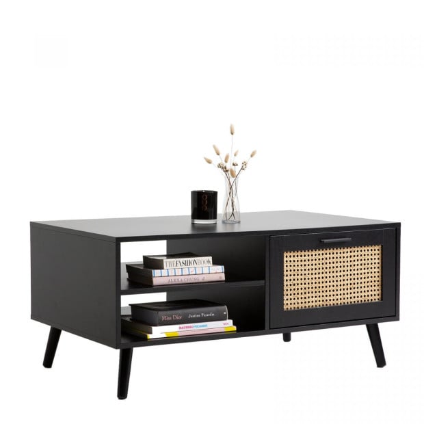 Tulum Rattan Coffee Table Storage Drawer Furniture Wooden Black Image 6