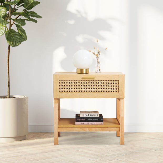 Rattan Bedside Table Drawers Table Nightstand Cabinet Oak Image 2