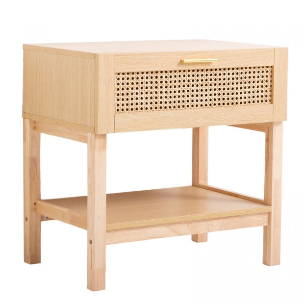 Rattan Bedside Table Drawers Table Nightstand Cabinet Oak Image 4