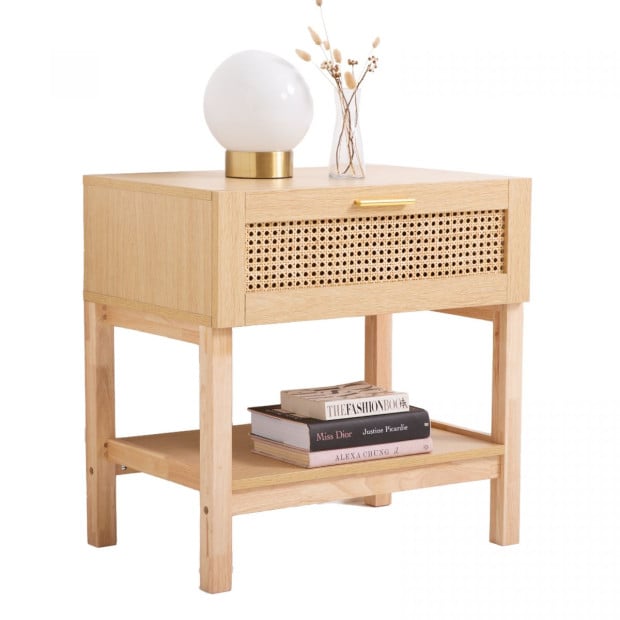 Rattan Bedside Table Drawers Table Nightstand Cabinet Oak Image 6