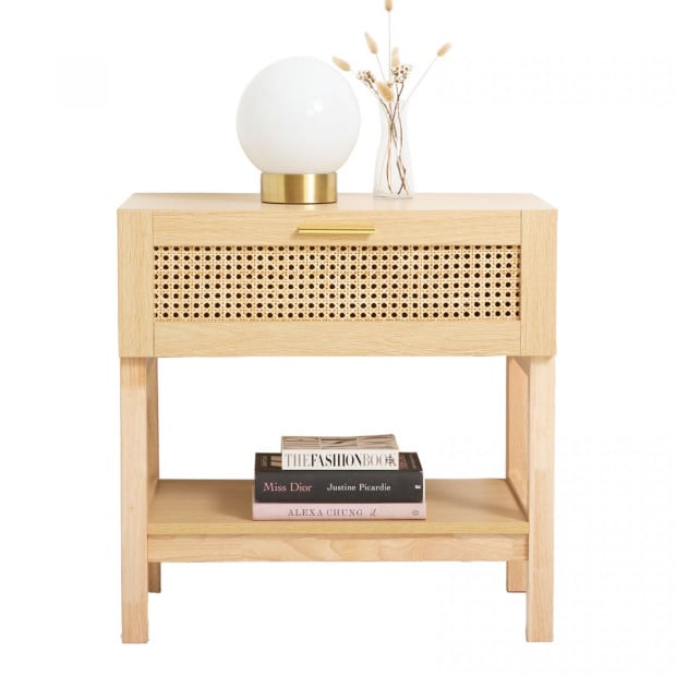 Rattan Bedside Table Drawers Table Nightstand Cabinet Oak Image 7