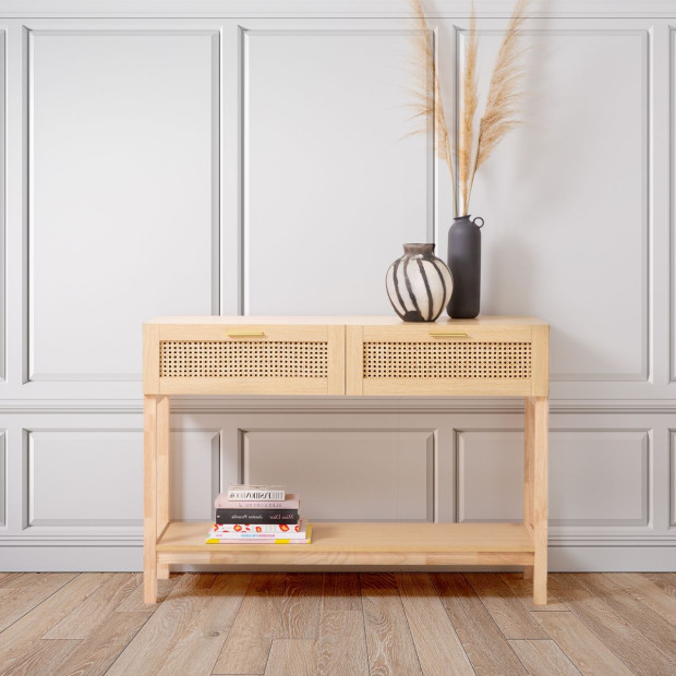 Rattan Console Table Entry Table Storage Hallway Wood Oak
