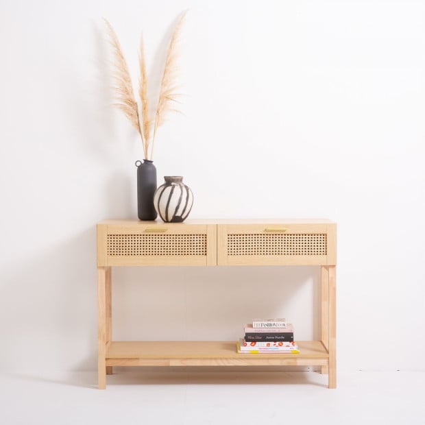Rattan Console Table Entry Table Storage Hallway Wood Oak Image 3