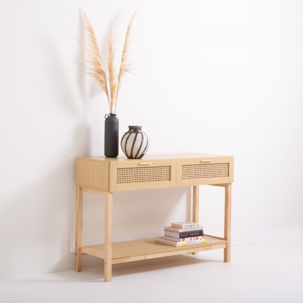 Rattan Console Table Entry Table Storage Hallway Wood Oak Image 4