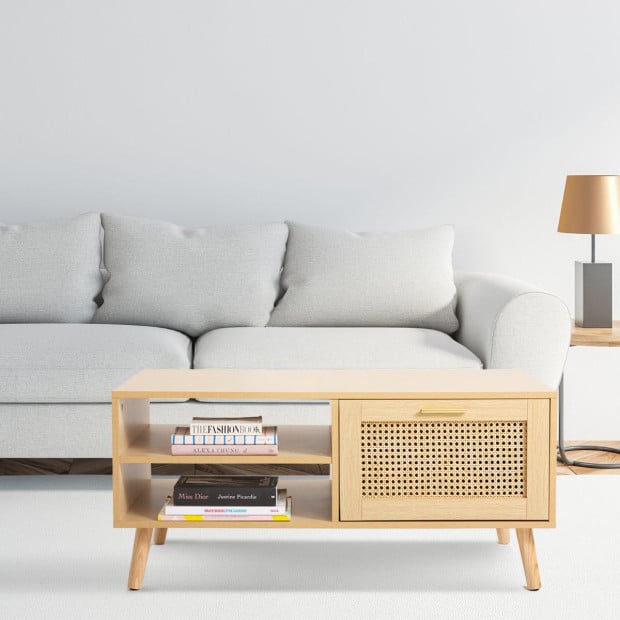 Rattan Coffee Table Storage Drawer Furniture Wooden Oak