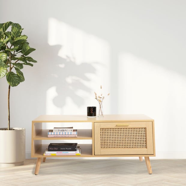 Rattan Coffee Table Storage Drawer Furniture Wooden Oak Image 2