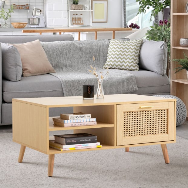 Rattan Coffee Table Storage Drawer Furniture Wooden Oak Image 3