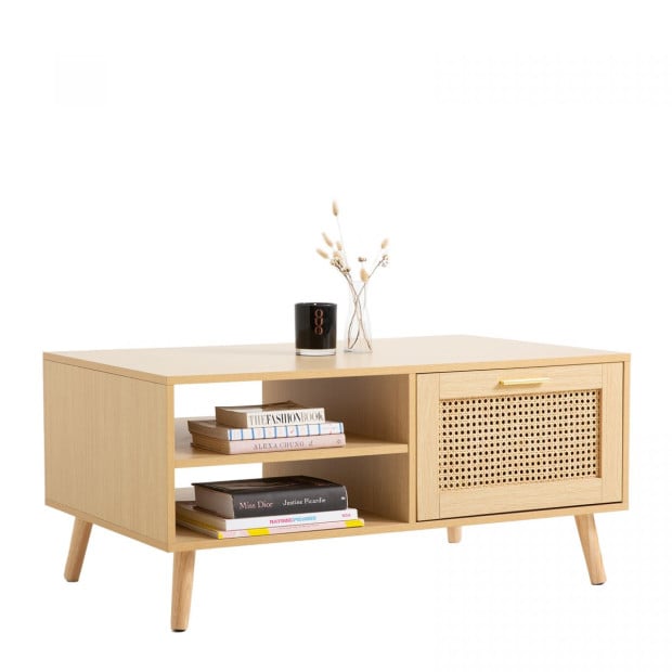 Rattan Coffee Table Storage Drawer Furniture Wooden Oak Image 6