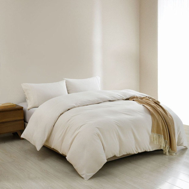 Striped Flax Linen Blend Quilt Cover Set - Queen - Beige Image 2