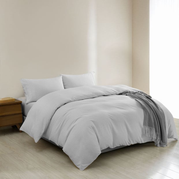 Striped Flax Linen Blend Quilt Cover Set - Queen - Grey Image 3