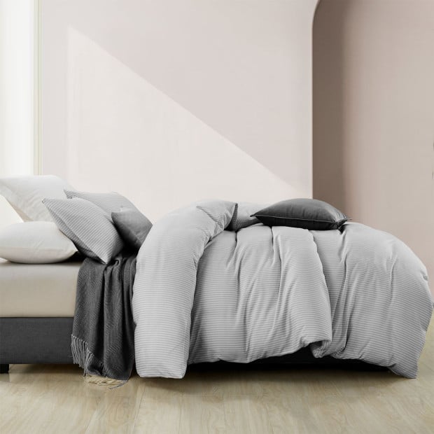Striped Flax Linen Blend Quilt Cover Set - Queen - Grey Image 4