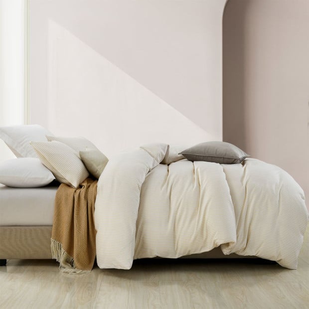 Striped Flax Linen Blend Quilt Cover Set Bedding - King - Beige Image 2