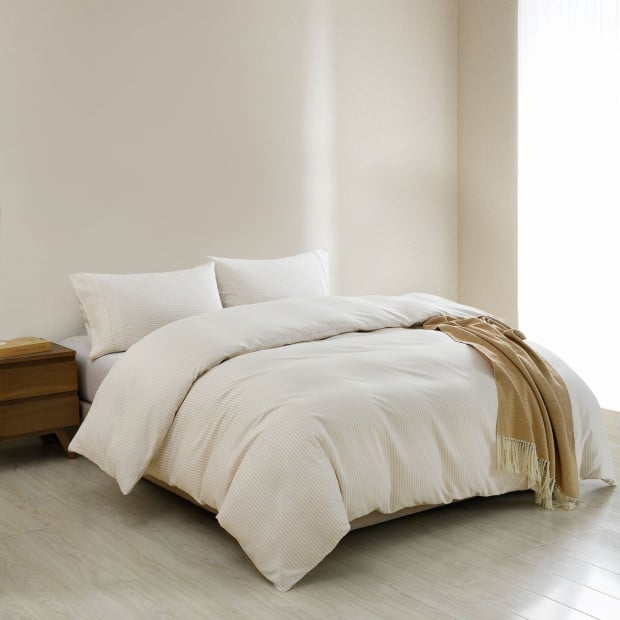 Striped Flax Linen Blend Quilt Cover Set Bedding - King - Beige Image 3