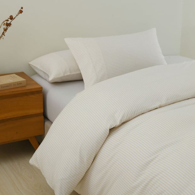 Striped Flax Linen Blend Quilt Cover Set Bedding - King - Beige Image 5