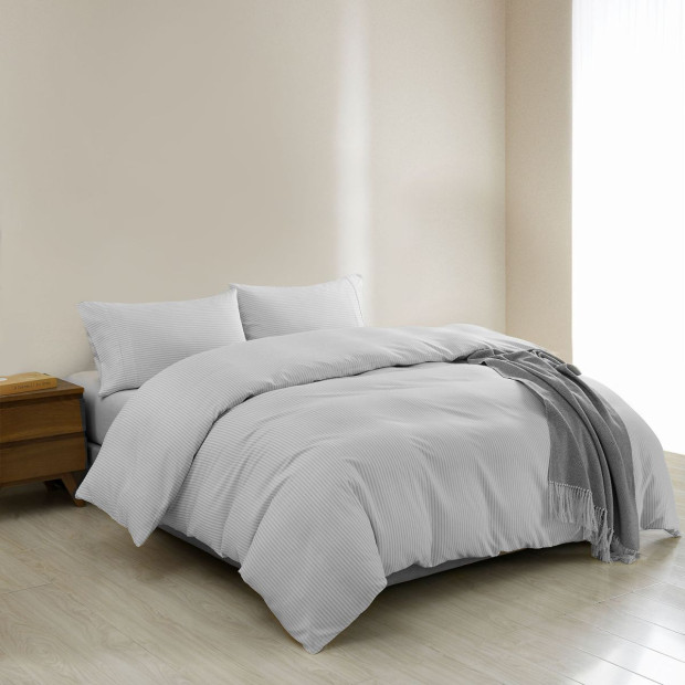 Striped Flax Linen Blend Quilt Cover Set Bedding - King - Grey Image 2
