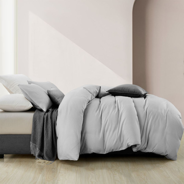 Striped Flax Linen Blend Quilt Cover Set Bedding - King - Grey Image 3