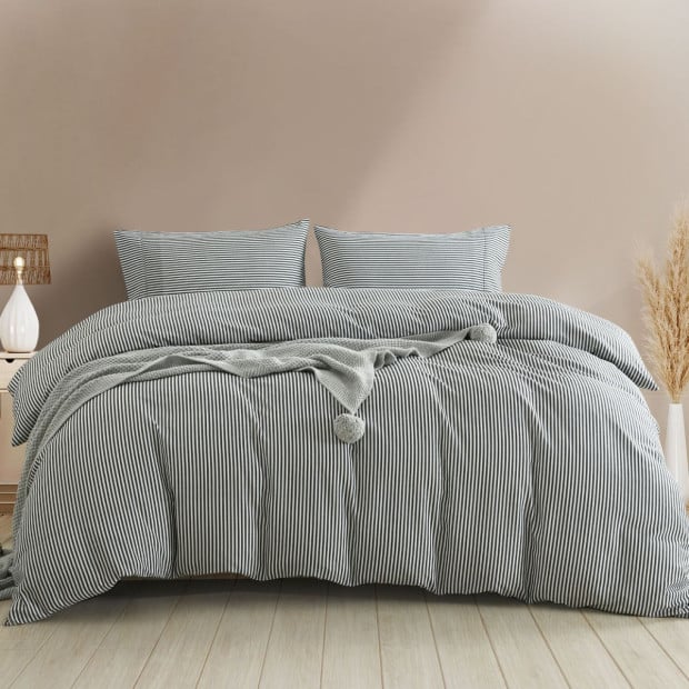 Striped Flax Linen Blend Quilt Cover Set Bedding - King - Charcoal