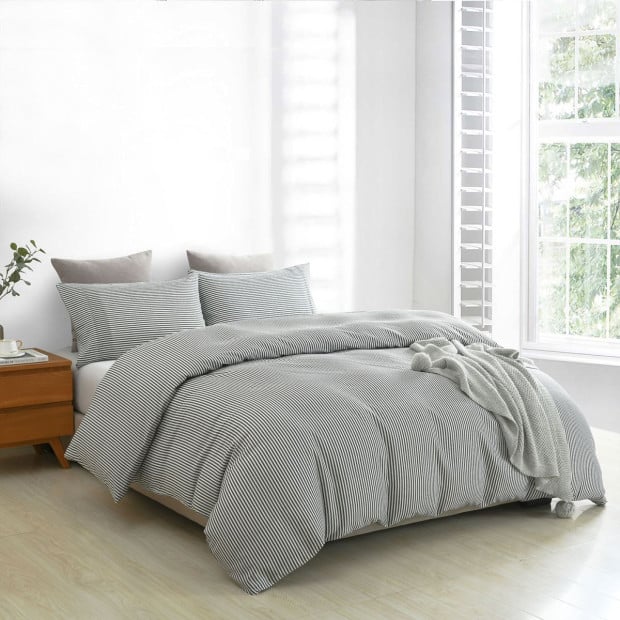 Striped Flax Linen Blend Quilt Cover Set Bedding - King - Charcoal Image 2