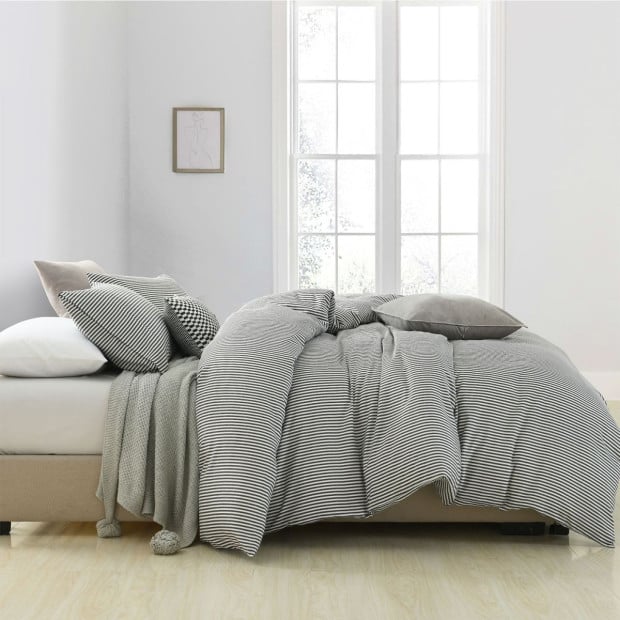 Striped Flax Linen Blend Quilt Cover Set Bedding - King - Charcoal Image 3