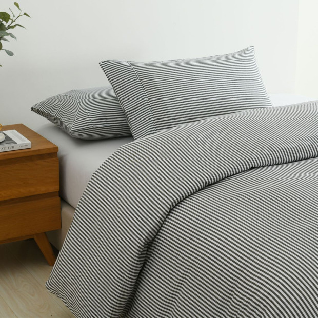 Striped Flax Linen Blend Quilt Cover Set Bedding - King - Charcoal Image 5