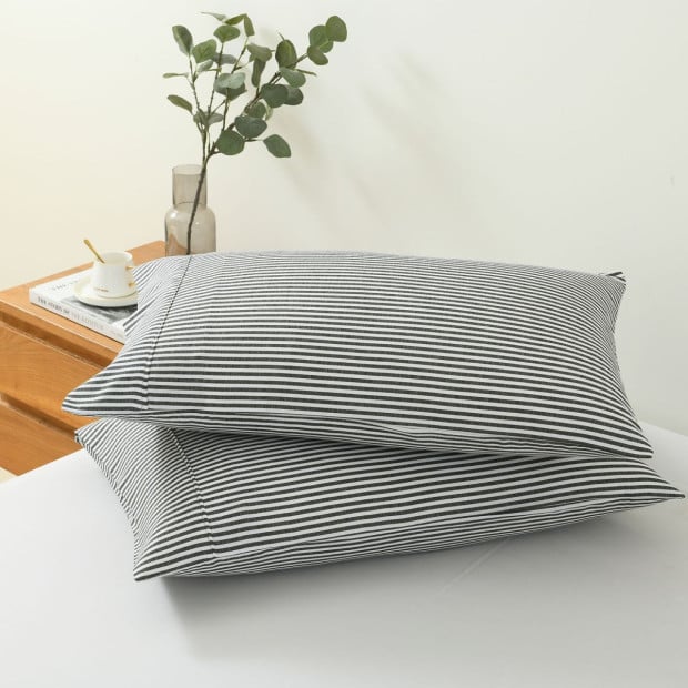 Striped Flax Linen Blend Quilt Cover Set Bedding - King - Charcoal Image 7