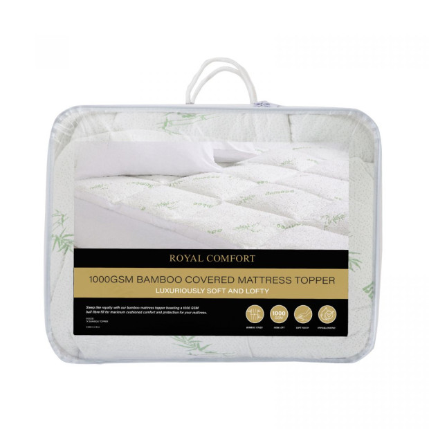 1000GSM Luxury Bamboo Covered Mattress Topper Ball Fibre Queen - White Image 8