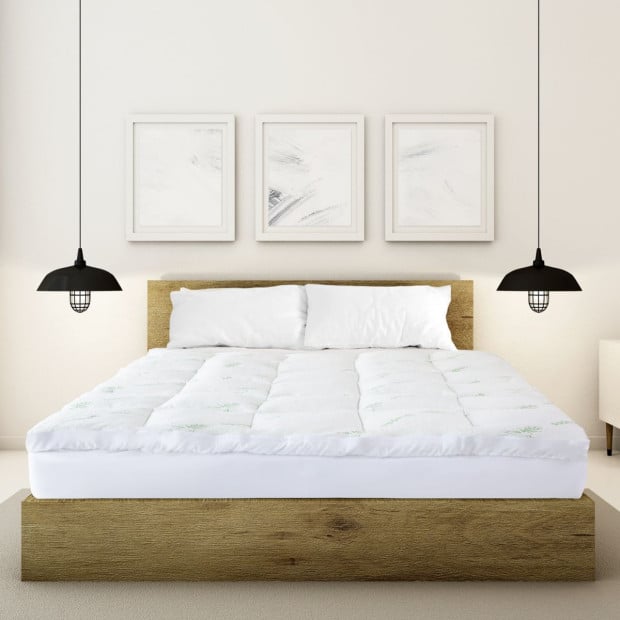 1000GSM Luxury Bamboo Covered Mattress Topper Ball Fibre King - White Image 4