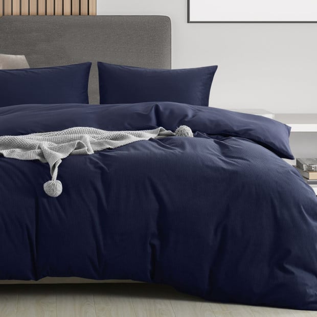 Velvet Corduroy Quilt Cover Set Super Soft Warmth - Queen - Navy Image 2
