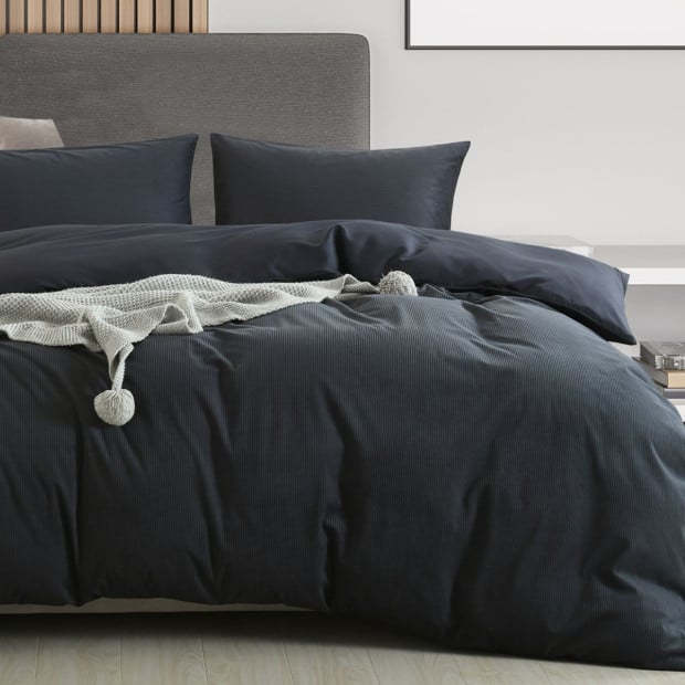 Velvet Corduroy Quilt Cover Set Soft Luxurious Warmth Queen Charcoal Image 2