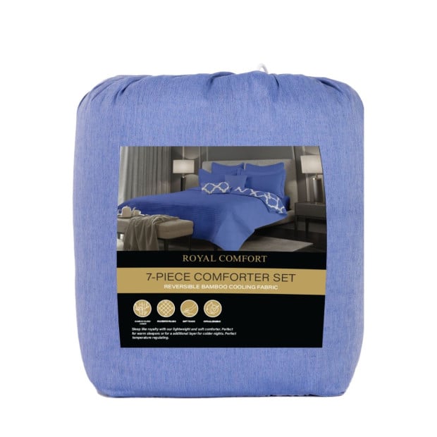 Bamboo Cooling Reversible 7pc Comforter Set Bedspread Queen Royal Blue Image 4