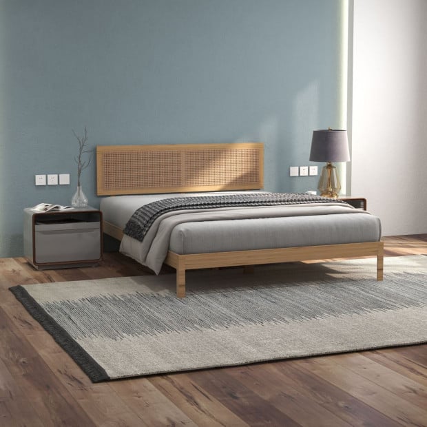 Santiago Platform Bed Rattan Bed Head Solid Wooden Frame - Queen - Oak Image 3