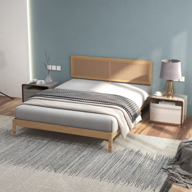 Santiago Platform Bed Rattan Bed Head Solid Wooden Frame - Queen - Oak Image 4