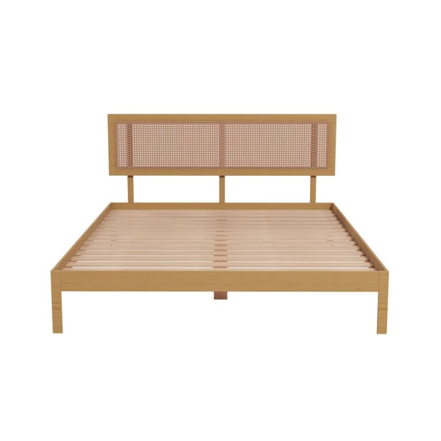 Santiago Platform Bed Rattan Bed Head Solid Wooden Frame - Queen - Oak Image 5