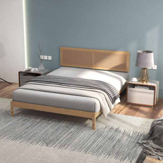 Santiago Platform Bed Rattan Bed Head Solid Wooden Frame - King - Oak Image 3