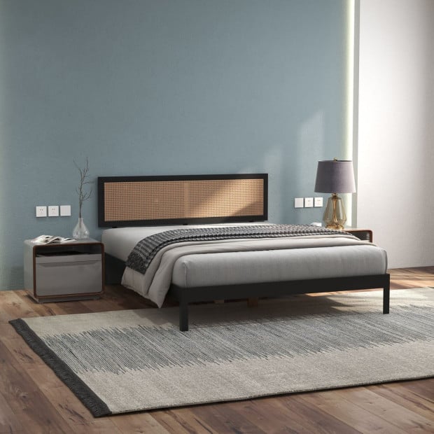 Tulum Platform Bed Rattan Bed Head Solid Wooden Frame - Queen - Black Image 2