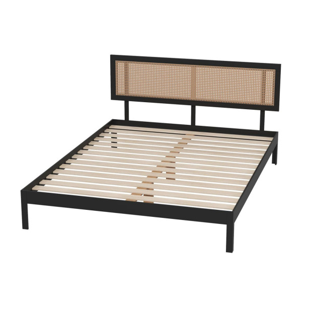 Tulum Platform Bed Rattan Bed Head Solid Wooden Frame - Queen - Black Image 7