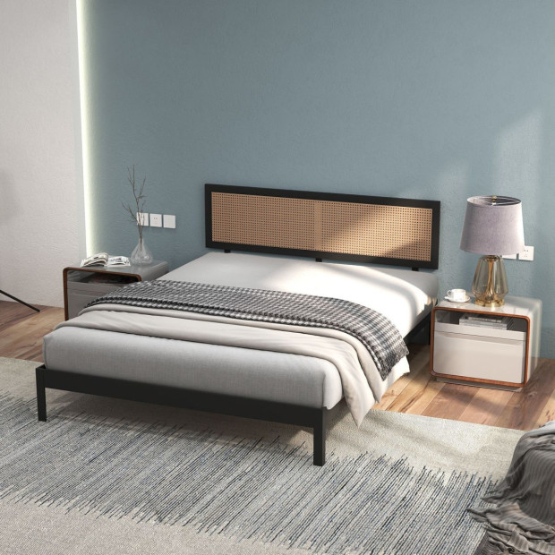 Tulum Platform Bed Rattan Bed Head Solid Wooden Frame - King - Black Image 3