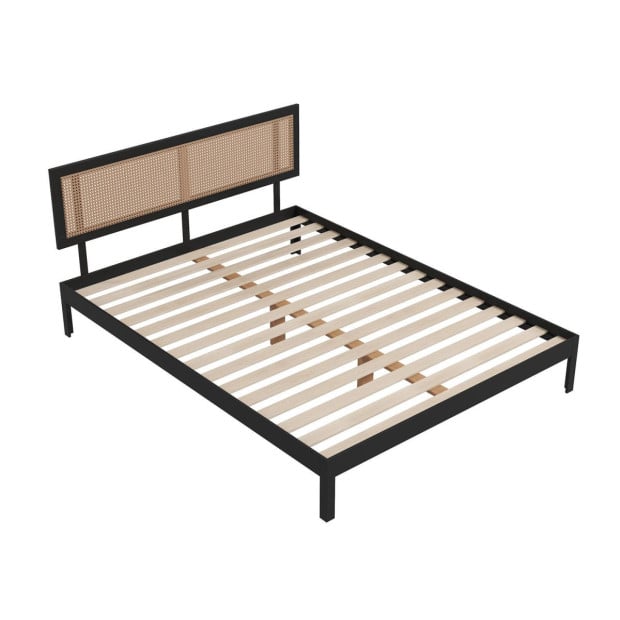 Tulum Platform Bed Rattan Bed Head Solid Wooden Frame - King - Black Image 6